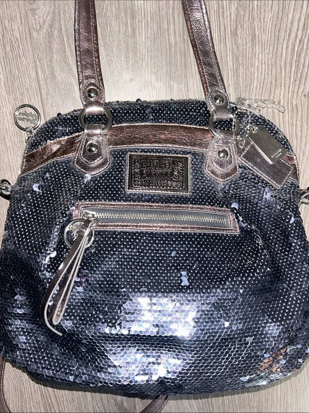 Coach Black Sequin Satchel with Metallic Rose Trim - Picture 3 of 6